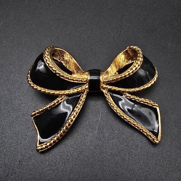 Kenneth Jay Lane for Avon Enhancer Pendant Gold Tone Bow Black Enamel - Picture 10 of 10